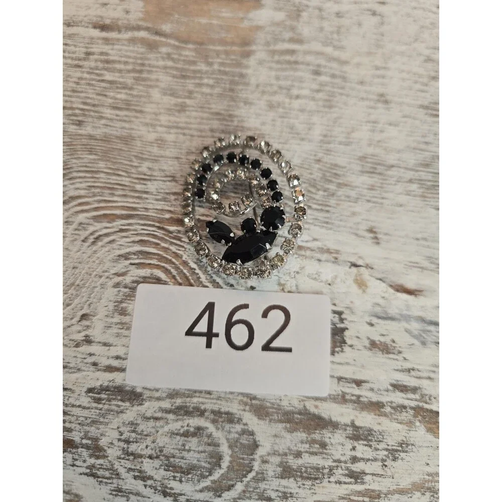 Vintage Black & Clear Rhinestone Swirl Brooch Silver Tone Mid Century Glam #462